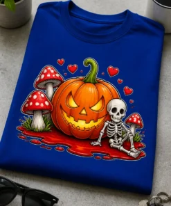 Süßes Halloween-Motiv mit grinsendem Kürbis, roten Pilzen und kleinem Skelett
