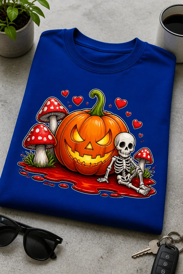Süßes Halloween-Motiv mit grinsendem Kürbis, roten Pilzen und kleinem Skelett