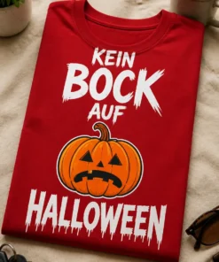 T-Shirt mit Spruch KEIN BOCK AUF HALLOWEEN und genervtem Kürbis