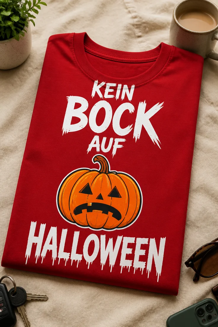 T-Shirt mit Spruch KEIN BOCK AUF HALLOWEEN und genervtem Kürbis