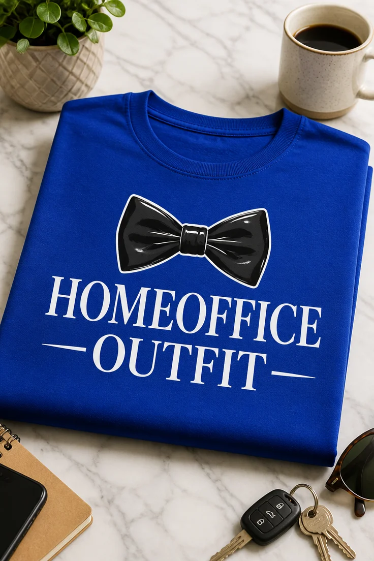 Lustiges T-Shirt für Homeoffice-Fans mit HOMEOFFICE OUTFIT Schriftzug und Fliege