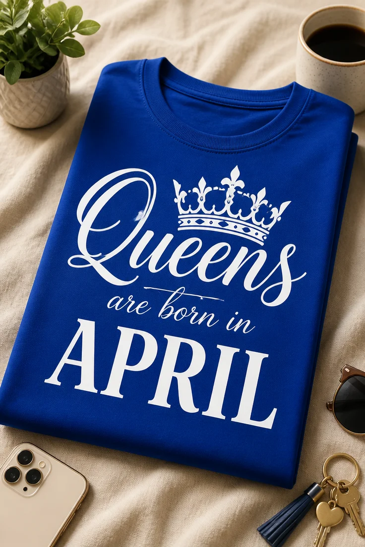 Typografisches Design mit Krone und dem Spruch Queens are born in APRIL
