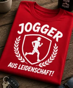 Lustiges T-Shirt für Jogger mit dem Spruch „JOGGER AUS LEIDENSCHAFT!“ und Läufer-Motiv im Badge-Stil