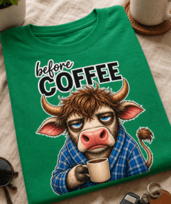 Grummelige Kuh mit Kaffeetasse und dem Spruch before COFFEE