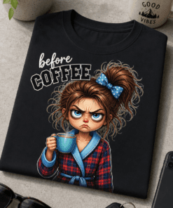Lustiges T-Shirt mit dem Spruch before COFFEE und müder genervter Frau mit Kaffeetasse
