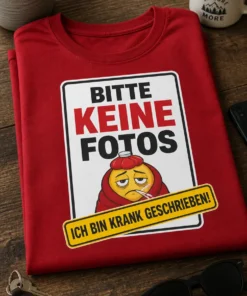 Lustiges T-Shirt für krankgeschriebene Kollegen mit dem Spruch BITTE KEINE FOTOS ICH BIN KRANK GESCHRIEBEN!