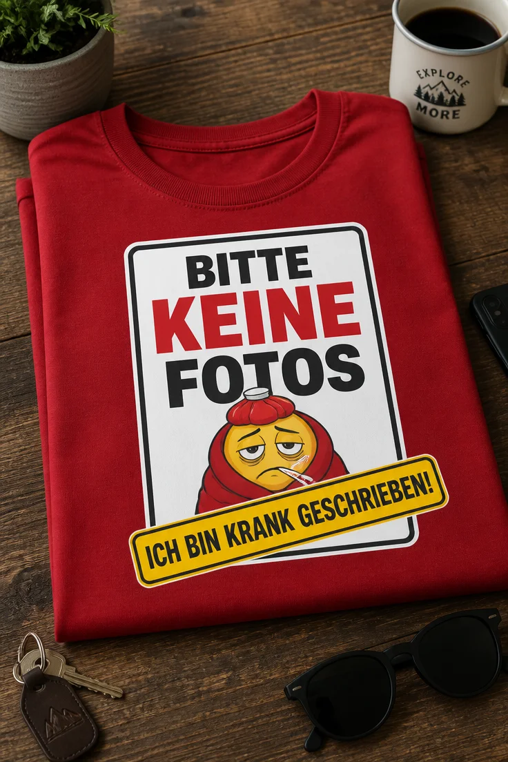 Lustiges T-Shirt für krankgeschriebene Kollegen mit dem Spruch BITTE KEINE FOTOS ICH BIN KRANK GESCHRIEBEN!