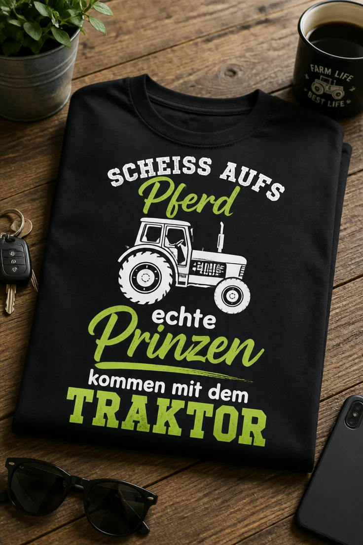 Lustiges T-Shirt für Landwirte mit dem Spruch SCHEISS AUFS Pferd echte Prinzen kommen mit dem TRAKTOR