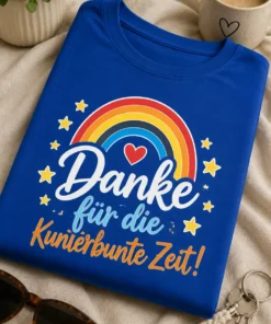 T-Shirt mit Spruch Danke für die Kunterbunte Zeit und buntem Retro-Regenbogen