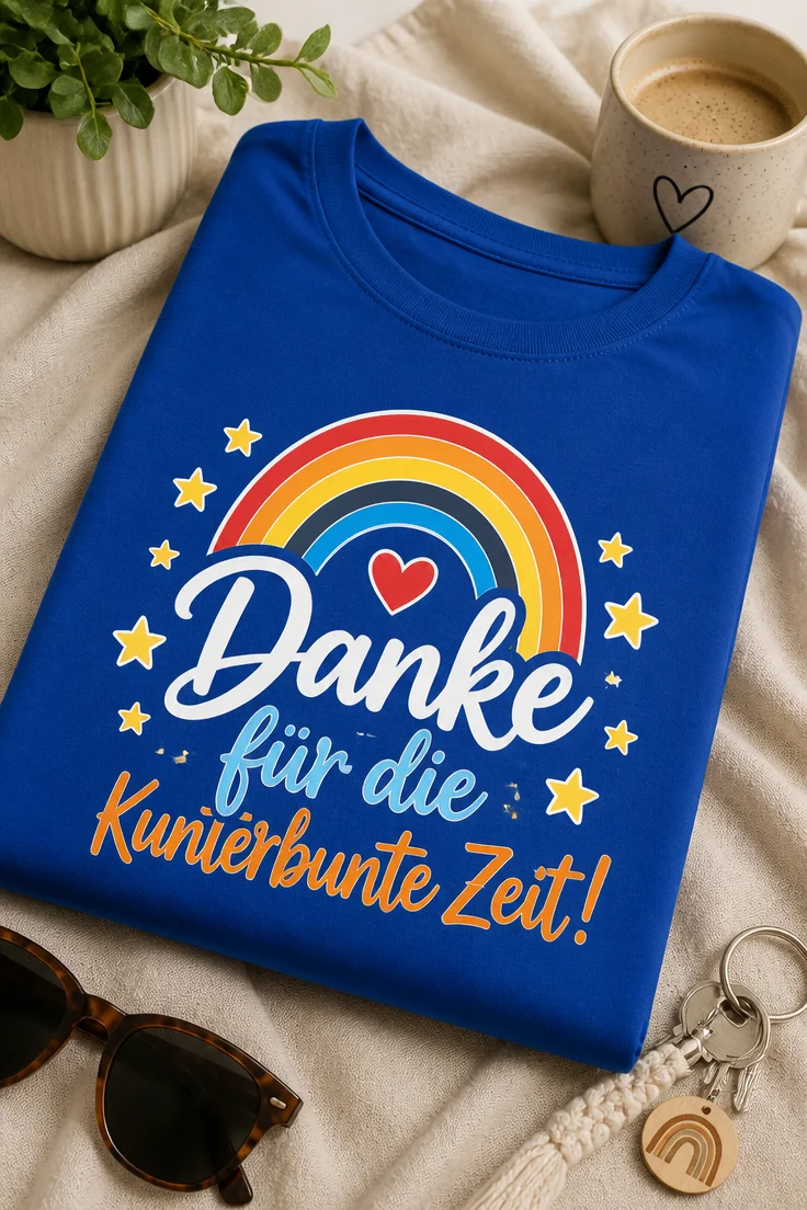 T-Shirt mit Spruch Danke für die Kunterbunte Zeit und buntem Retro-Regenbogen