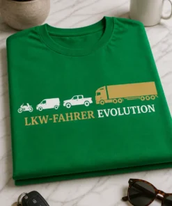 Lustiges T-Shirt für LKW-Fahrer mit dem Spruch LKW-FAHRER EVOLUTION und Fahrzeugreihe bis zum Sattelzug