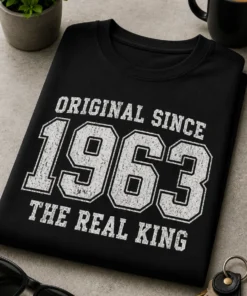 Vintage Typografie T-Shirt mit dem Spruch ORIGINAL SINCE 1963 THE REAL KING für Männer mit Jahrgang 1963