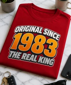 T-Shirt mit dem Spruch ORIGINAL SINCE 1983 THE REAL KING im retrotypografischen Stil