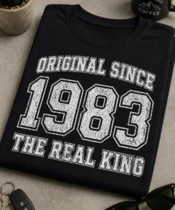Vintage Typografie T-Shirt mit dem Spruch ORIGINAL SINCE 1983 THE REAL KING für Männer mit Jahrgang 1983