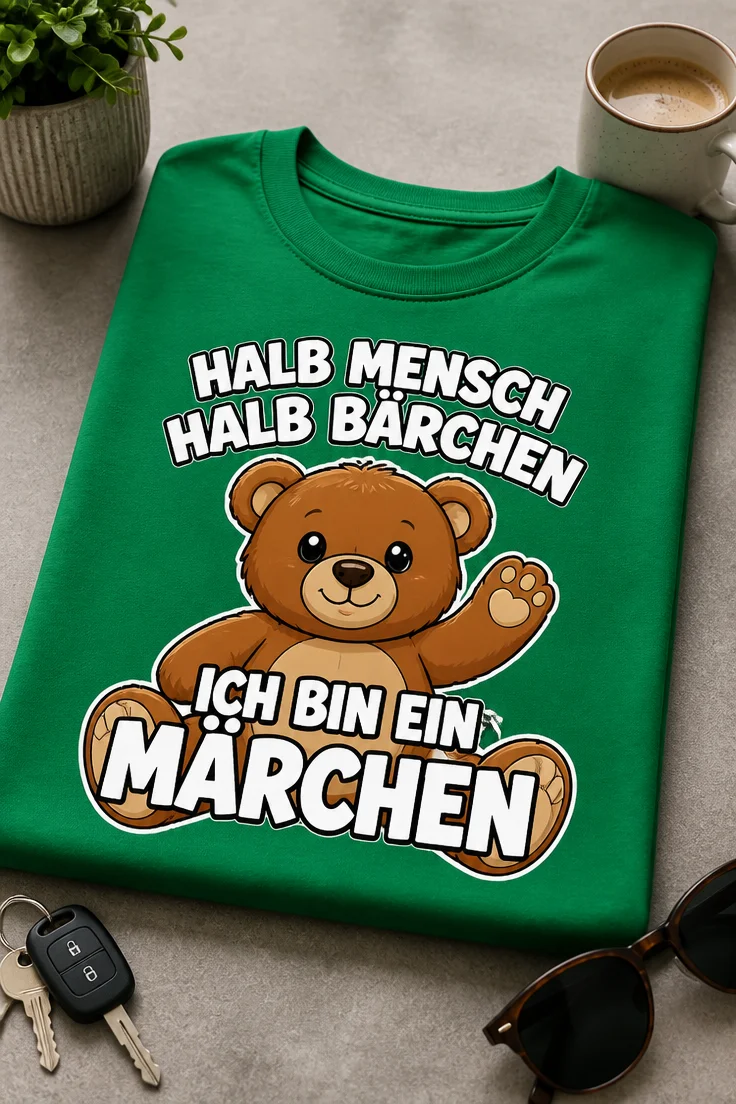 T-Shirt mit Teddy und dem Spruch HALB MENSCH HALB BÄRCHEN ICH BIN EIN MÄRCHEN