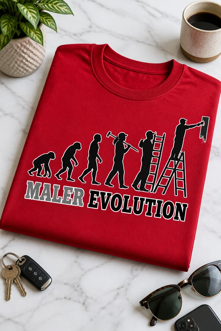 Lustiges Maler T-Shirt mit Evolutionsmotiv und dem Spruch MALER EVOLUTION