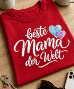 T-Shirt mit dem Spruch „beste Mama der Welt“ in eleganter Schrift und zwei zarten Herzen