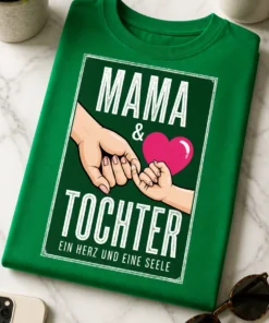 T-Shirt mit Spruch MAMA & TOCHTER EIN HERZ UND EINE SEELE und Motiv mit eingehakten kleinen Fingern und pinkem Herz