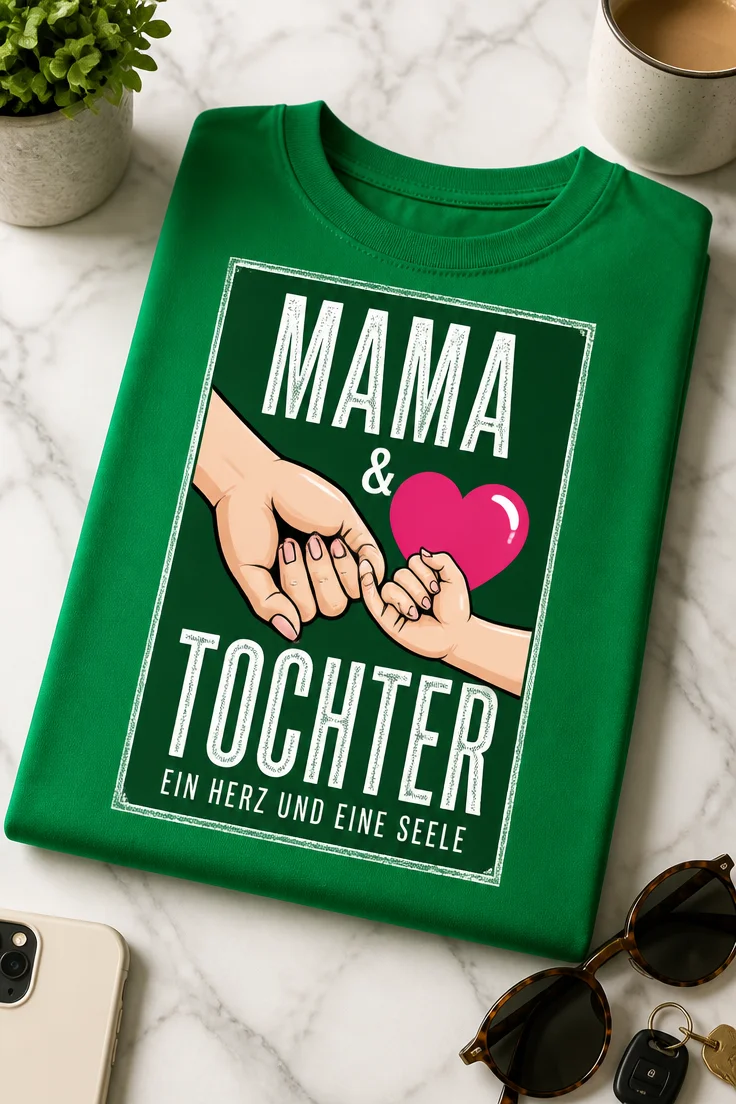 T-Shirt mit Spruch MAMA & TOCHTER EIN HERZ UND EINE SEELE und Motiv mit eingehakten kleinen Fingern und pinkem Herz