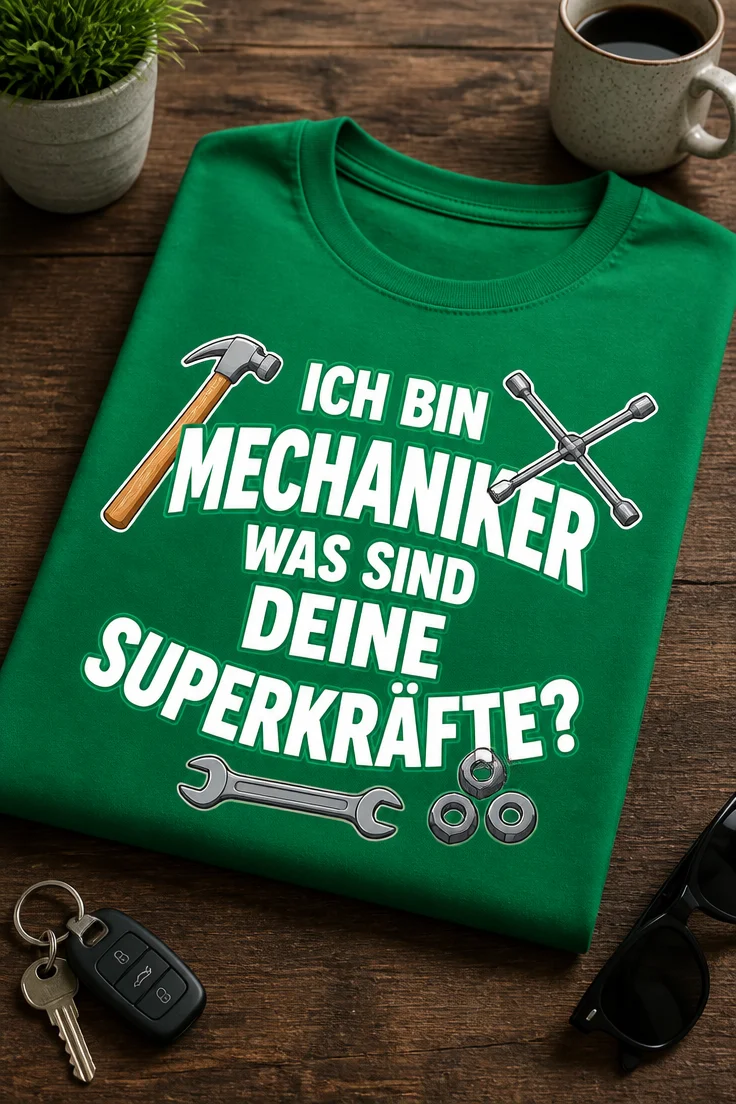 Lustiges Mechaniker T-Shirt mit dem Spruch ICH BIN MECHANIKER WAS SIND DEINE SUPERKRÄFTE? und Werkzeug-Motiv