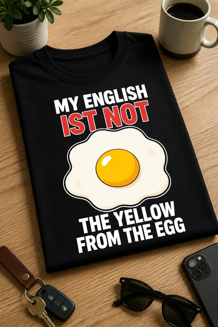 Lustiges T-Shirt mit dem Spruch MY ENGLISH IST NOT THE YELLOW FROM THE EGG und Spiegelei-Motiv