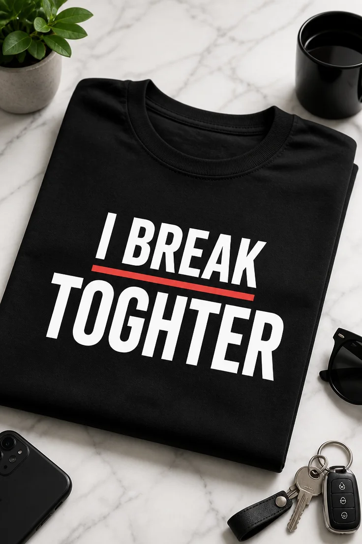 T-Shirt mit dem Spruch I BREAK TOGHTER in weißer Typografie und roter Linie