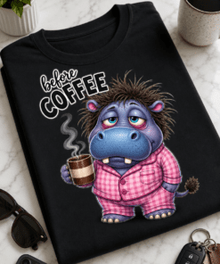 Lustiges T-Shirt mit dem Spruch before COFFEE und verschlafenem Nilpferd im Schlafanzug mit Kaffeetasse