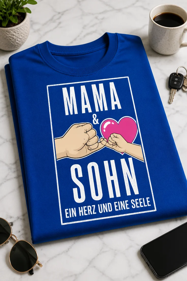 T-Shirt mit Spruch MAMA & SOHN EIN HERZ UND EINE SEELE und Motiv mit Pinky Promise und Herz
