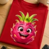 Niedliche lachende Drachenfrucht als buntes 3D-Cartoon-Motiv auf einem T-Shirt