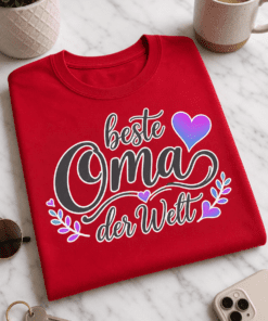 T-Shirt mit dem Spruch „beste Oma der Welt“ in eleganter Handschrift mit Herz-Akzent