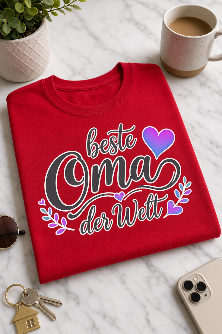 T-Shirt mit dem Spruch „beste Oma der Welt“ in eleganter Handschrift mit Herz-Akzent