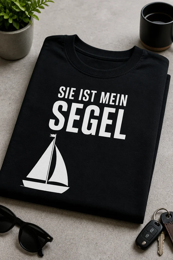 Lustiges T-Shirt für Paare mit dem Spruch SIE IST MEIN SEGEL und kleinem Segelboot