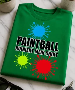 Lustiges Paintball T-Shirt mit dem Spruch PAINTBALL RUINIERT MEIN SHIRT und bunten Farbspritzern