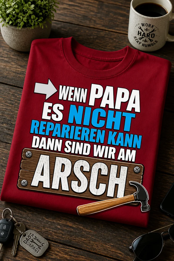 Lustiges Papa T-Shirt mit Spruch WENN PAPA ES NICHT REPARIEREN KANN DANN SIND WIR AM ARSCH im Werkstatt-Stil mit Hammer