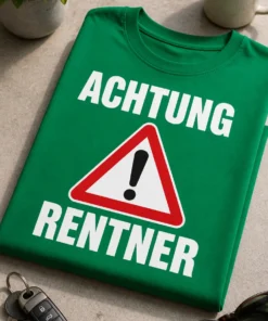 Lustiges Rentner T-Shirt mit Warnschild-Motiv und dem Spruch ACHTUNG RENTNER