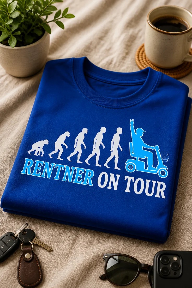 Lustiges Rentner T-Shirt mit Evolutionsmotiv und Spruch RENTNER ON TOUR