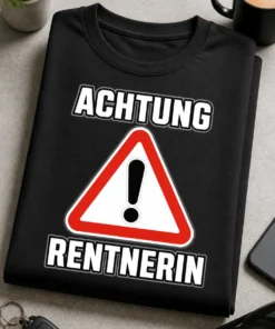 Lustiges T-Shirt für Rentnerinnen mit dem Spruch ACHTUNG RENTNERIN und Warnschild