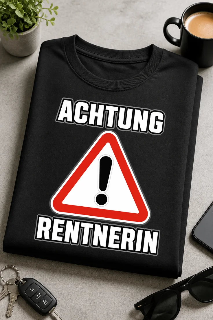 Lustiges T-Shirt für Rentnerinnen mit dem Spruch ACHTUNG RENTNERIN und Warnschild