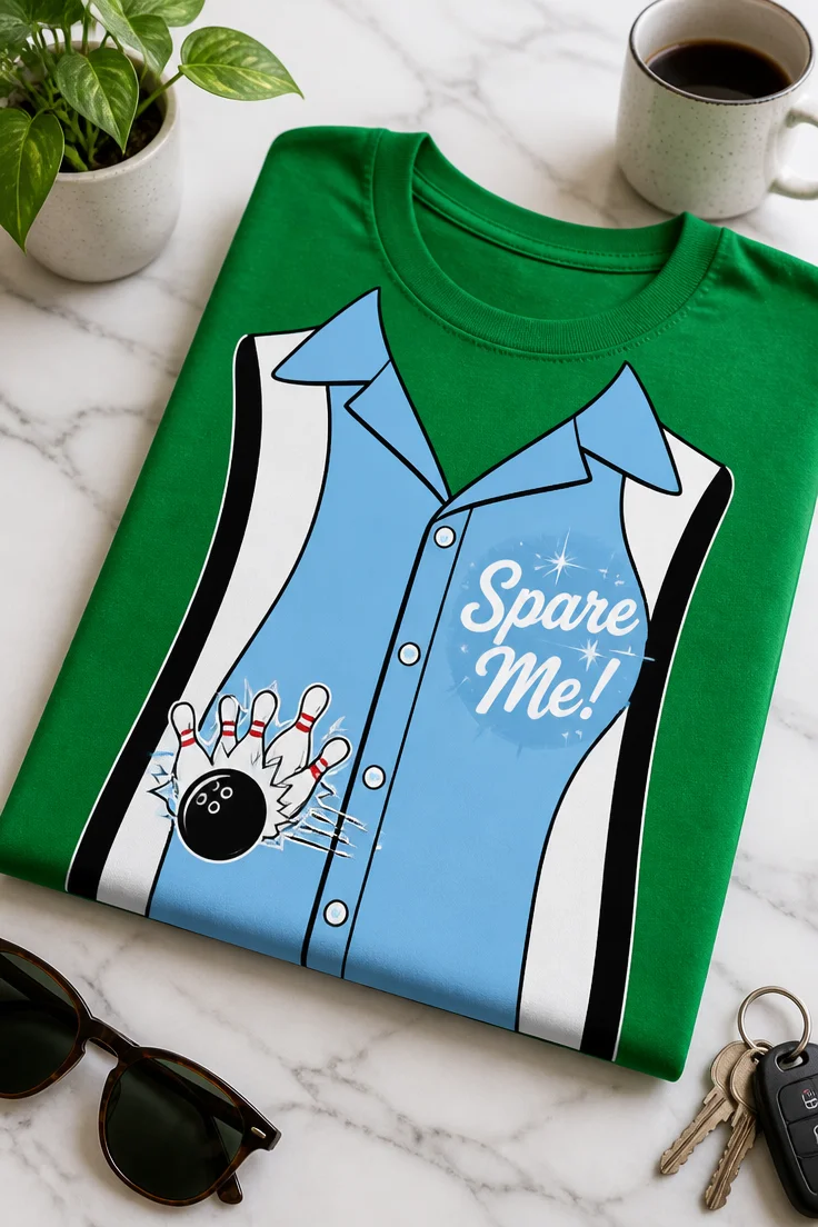 T-Shirt mit aufgedrucktem Retro-Bowlinghemd in Hellblau, Weiß und Schwarz im Rockabilly-Stil