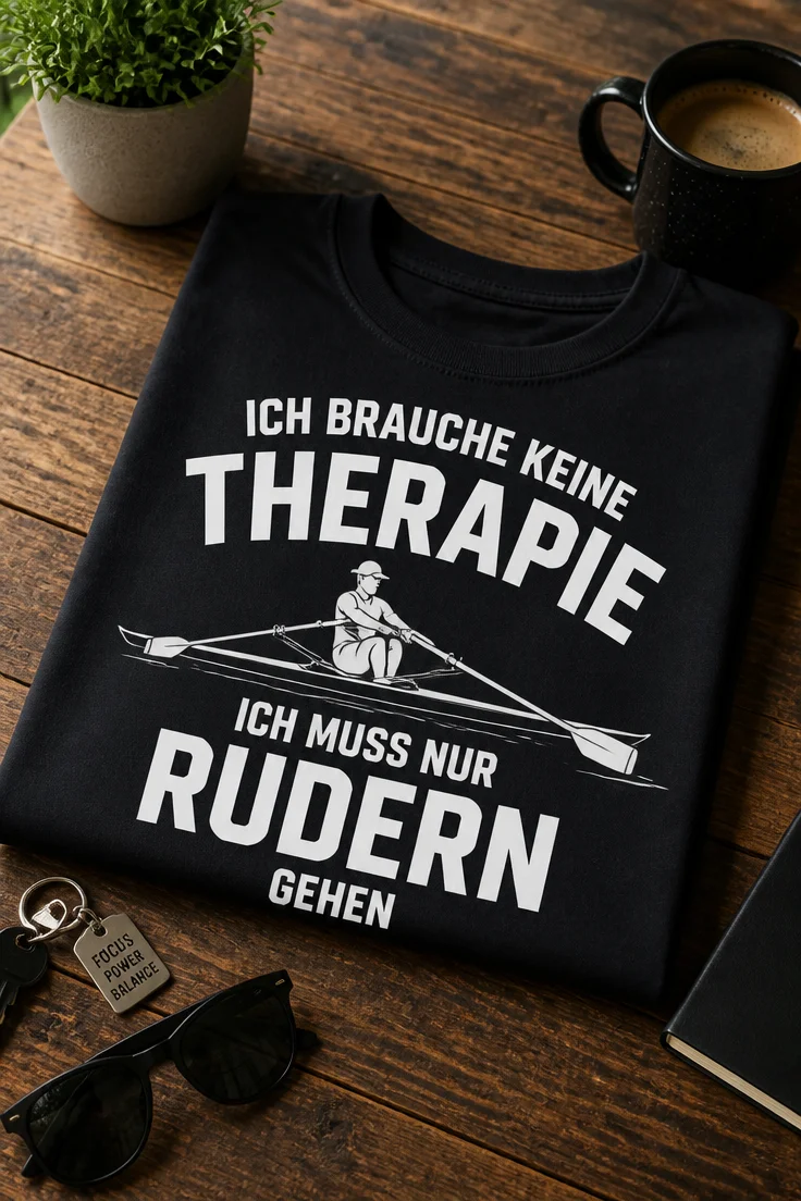 T-Shirt mit Ruderer-Motiv und dem Spruch ICH BRAUCHE KEINE THERAPIE ICH MUSS NUR RUDERN GEHEN