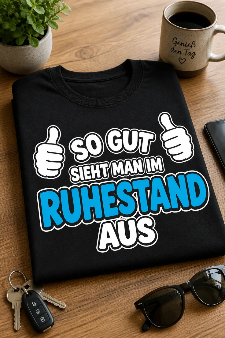 T-Shirt mit dem Spruch SO GUT SIEHT MAN IM RUHESTAND AUS und Daumen-hoch-Motiv