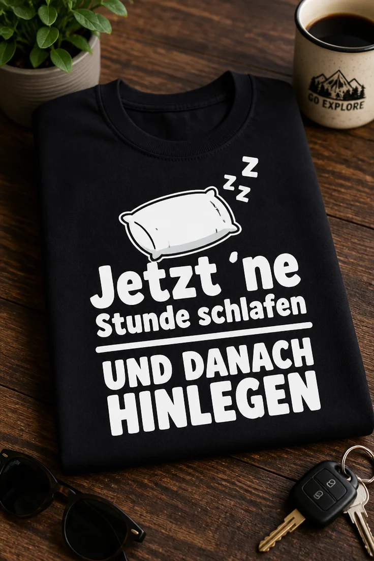 T-Shirt mit Spruch Jetzt ´ne Stunde schlafen UND DANACH HINLEGEN und Kissenmotiv
