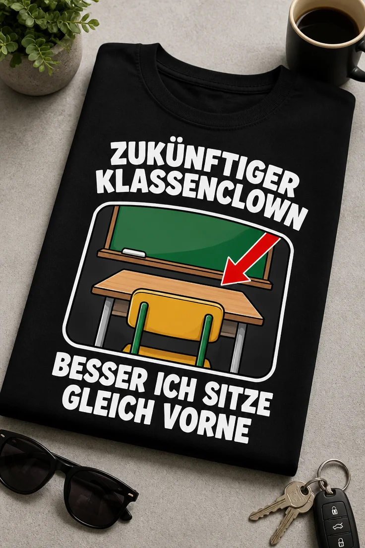 Lustiges Schüler T-Shirt mit dem Spruch ZUKÜNFTIGER KLASSENCLOWN BESSER ICH SITZE GLEICH VORNE und Klassenraum-Motiv