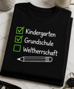Typografisches Schulmotiv mit Checkliste und dem Spruch „Kindergarten Grundschule Weltherrschaft“
