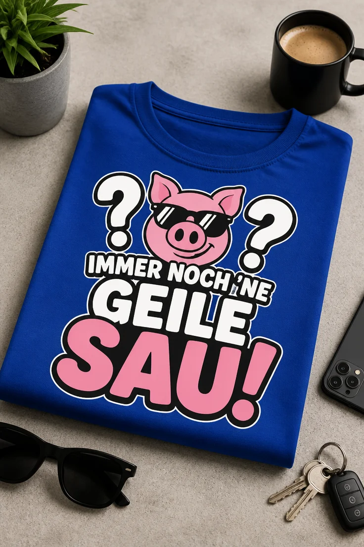 Lustiges T-Shirt mit dem Spruch „?? IMMER NOCH 'NE GEILE SAU!“ und Schwein mit Sonnenbrille