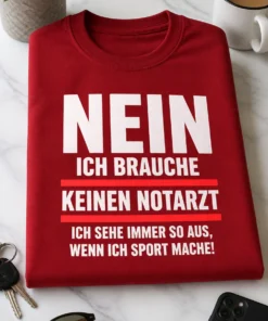 T-Shirt mit dem Spruch: NEIN ICH BRAUCHE KEINEN NOTARZT ICH SEHE IMMER SO AUS, WENN ICH SPORT MACHE!