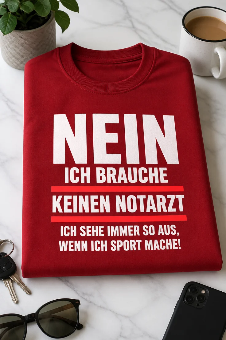 T-Shirt mit dem Spruch: NEIN ICH BRAUCHE KEINEN NOTARZT ICH SEHE IMMER SO AUS, WENN ICH SPORT MACHE!