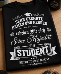 Lustiges Studenten T-Shirt mit dem Spruch SEHR GEEHRTE DAMEN UND HERREN erheben Sie sich Seine Majestät Der STUDENT BETRITT DEN RAUM