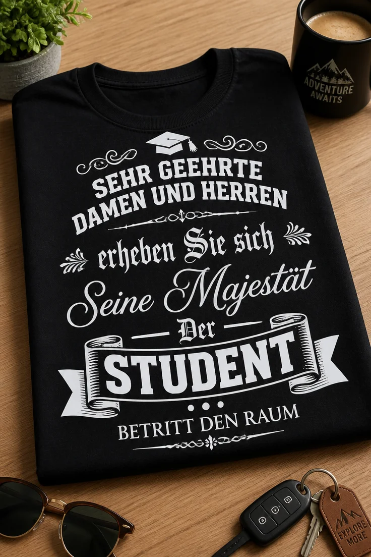 Lustiges Studenten T-Shirt mit dem Spruch SEHR GEEHRTE DAMEN UND HERREN erheben Sie sich Seine Majestät Der STUDENT BETRITT DEN RAUM