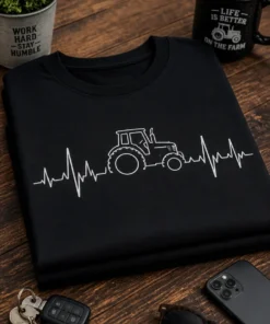 Minimalistisches Herzschlag-Motiv mit integrierter Traktor-Silhouette auf einem T-Shirt
